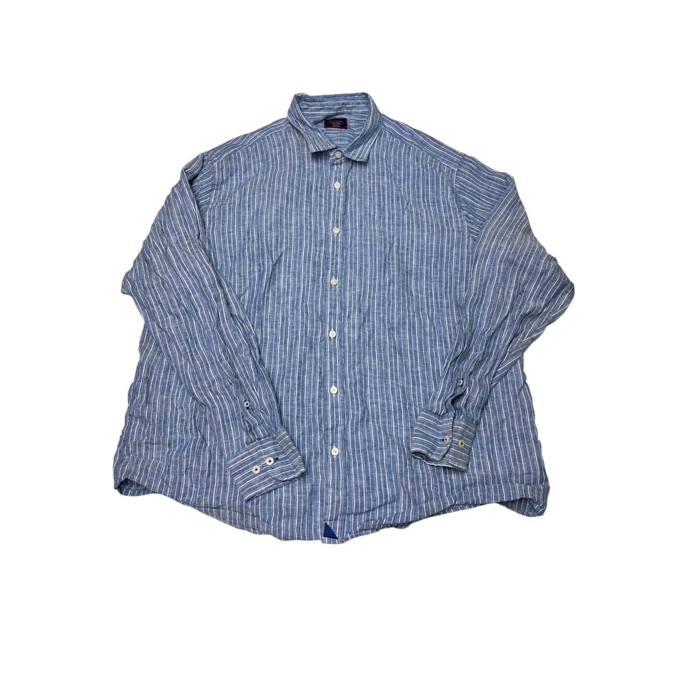 UNTUCKit Mens XXL Blue White Striped Linen Button Down Shirt Wrinkle Resistant